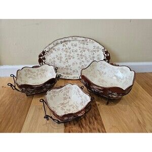 Temptations by Tara serving bowls and platter brown floral with stands set of 7